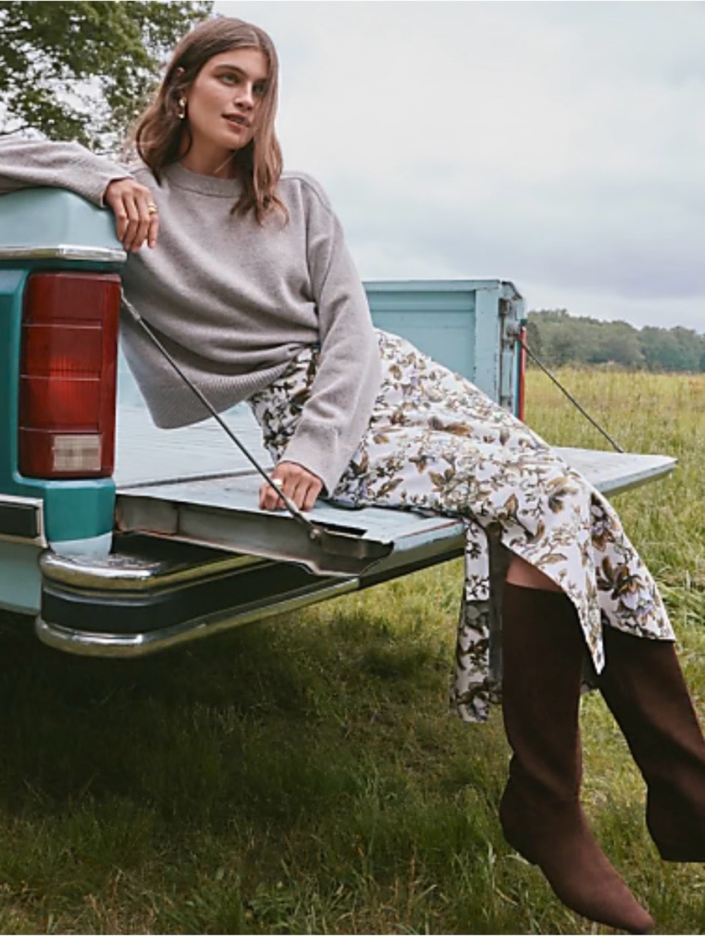 LOFT Floral Midi Skirt in White and Olive